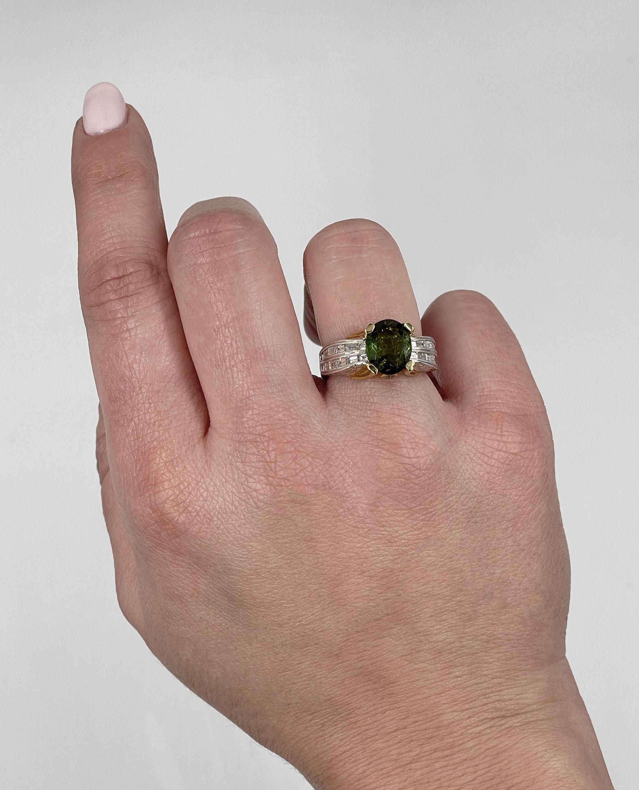 Women's Vintage Kirk Kara Hand Engraved Ring with Diamonds and Green Tourmaline For Sale