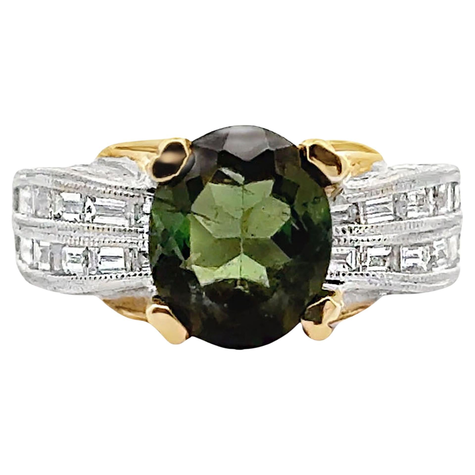 Vintage Kirk Kara Hand Engraved Ring with Diamonds and Green Tourmaline For Sale