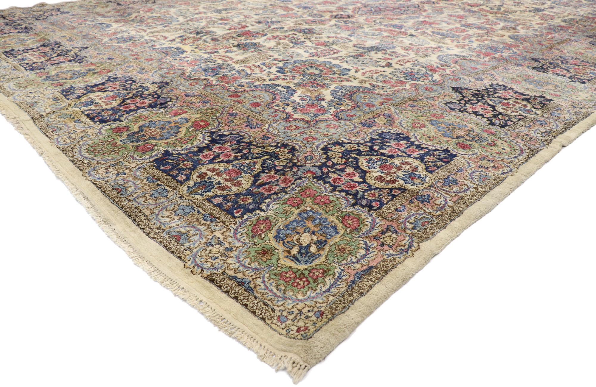 74979 vintage Kirman Palace size rug with Luxe Baroque style, Vintage Persian Kerman. Brilliant, alluring color pervades this vintage Kerman Persian palace size rug, a stunning testament to traditional Persian weaving. This hand-knotted wool Persian