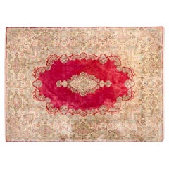 Retro Kirman Persian Wool Rug 1960s, Red Medallion, Hand Knotted