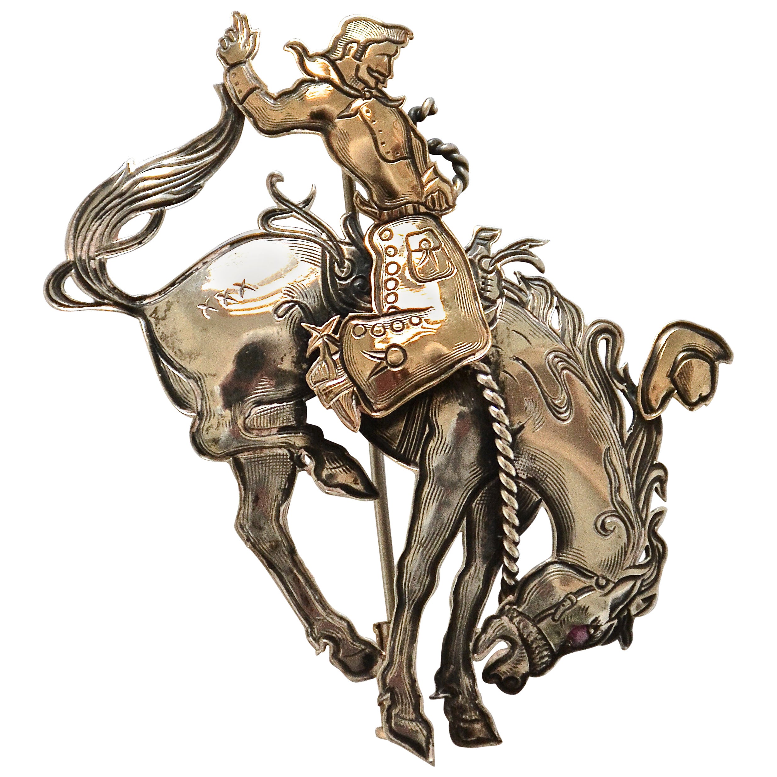 Vintage Kit Carson Hand-Engraved "Let 
er Buck" Sterling Silver Pin For Sale