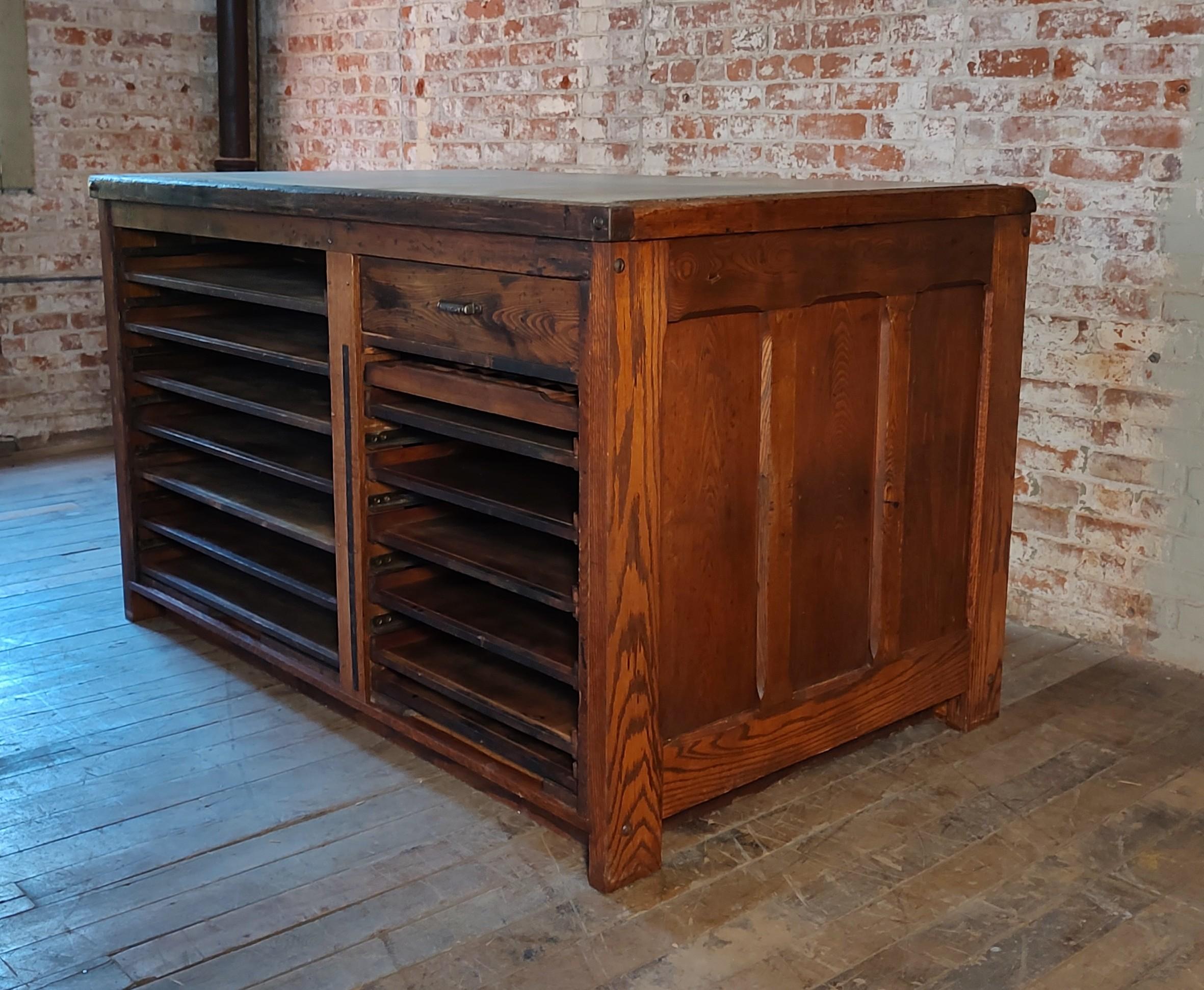 Marble Top Printer's Cabinet by Hamilton Manufacturing Co., Two Rivers WI

Overall Dimensions: 39 1/2″ x 63 1/2″ x 38 1/2″ high

Marble Dimensions: 36
