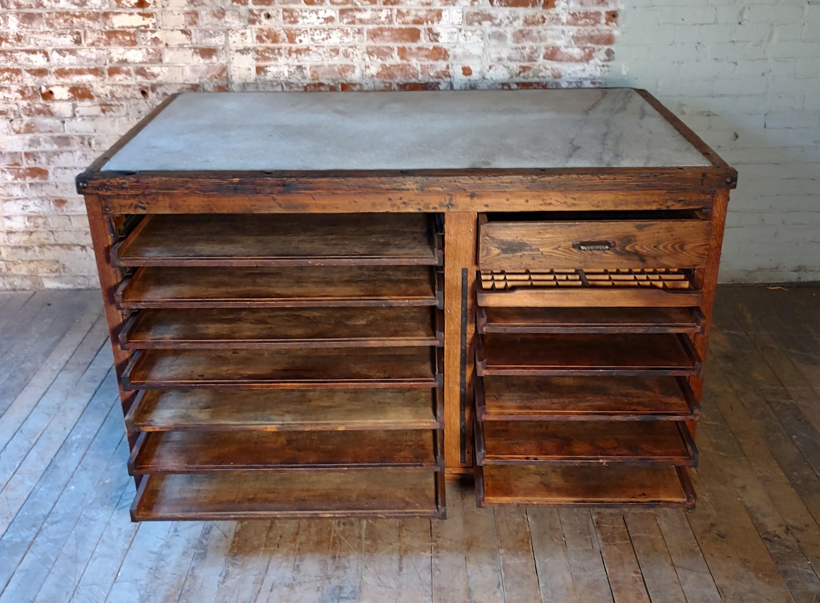American Vintage Kitchen Island / Display Table with Marble Top For Sale