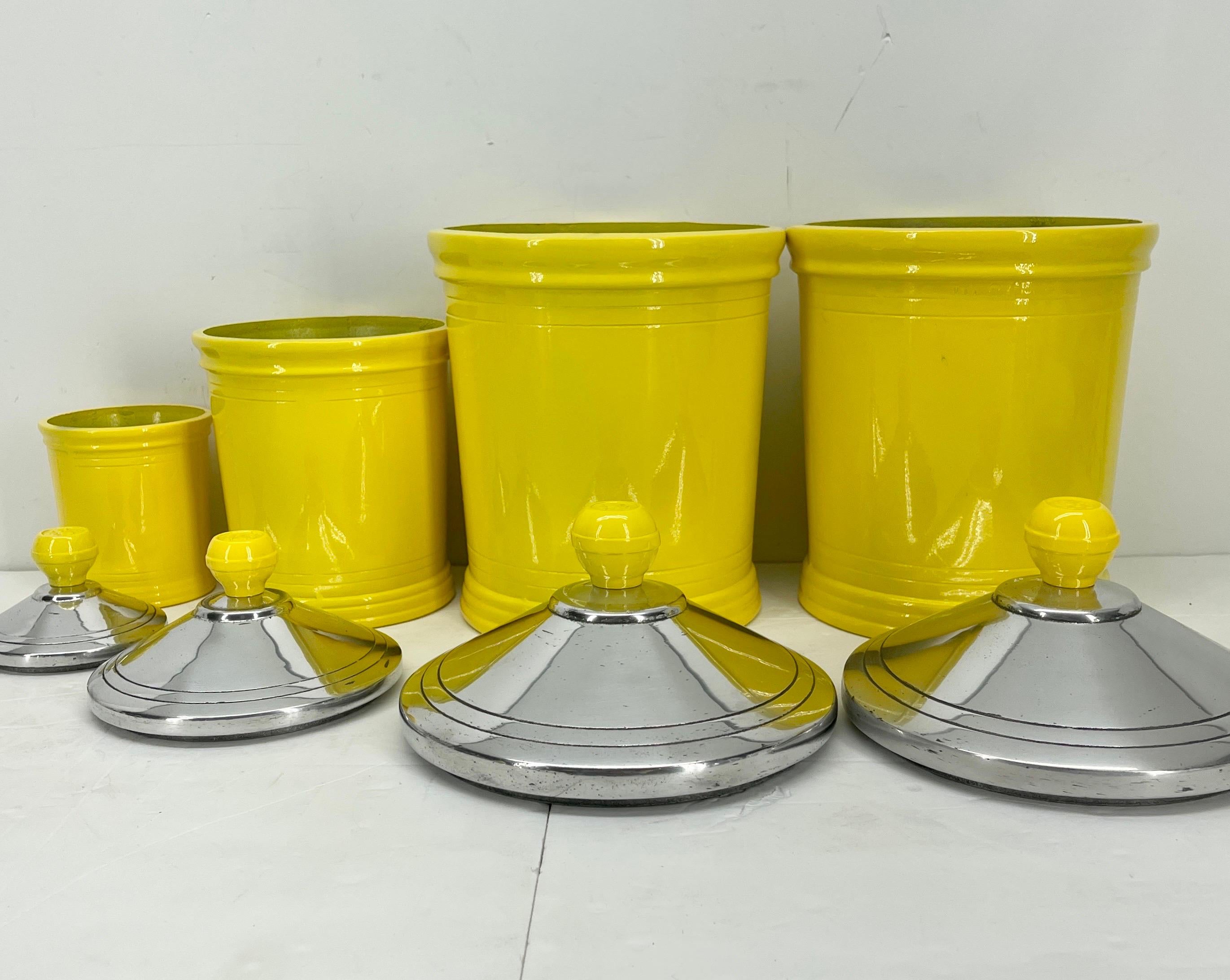 Mid-20th Century Vintage Kitchen or Bathroom Canister Jars Set, Bright Yellow Powder Coated