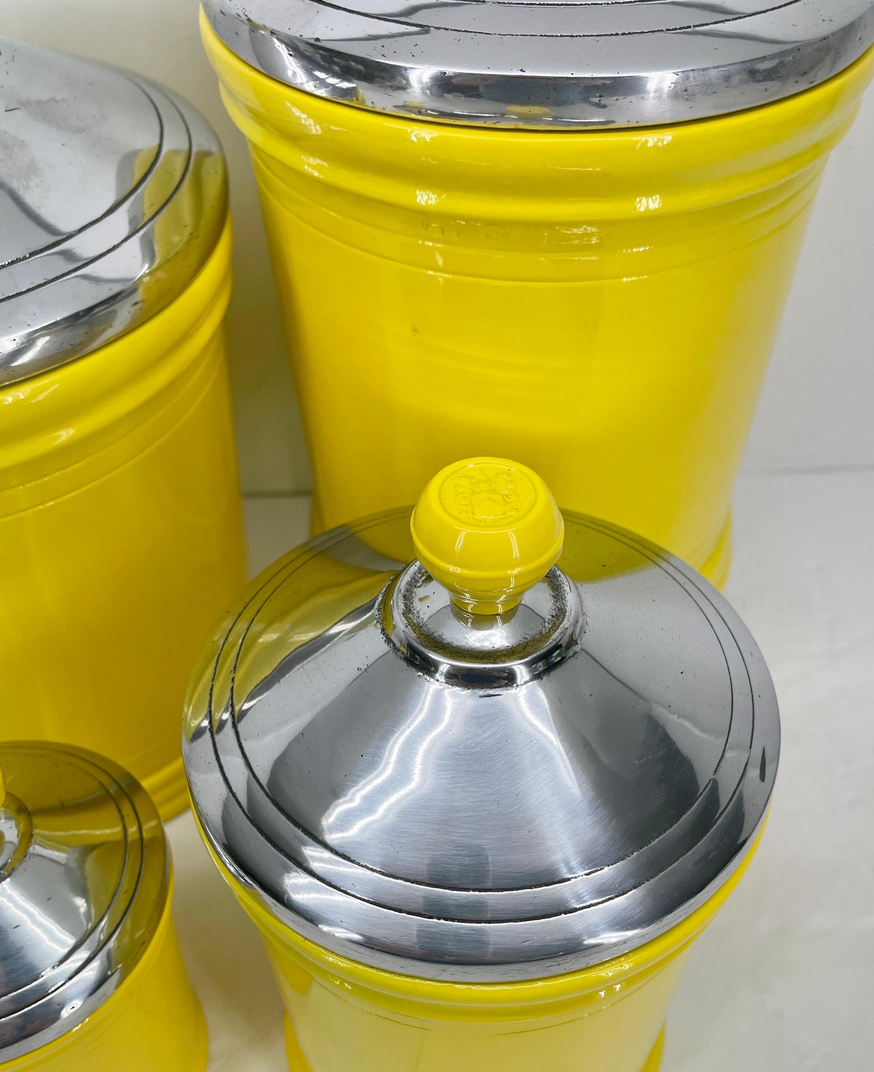 Mid-Century Modern Vintage Kitchen or Bathroom Canister Jars Set, Bright Yellow Powder Coated