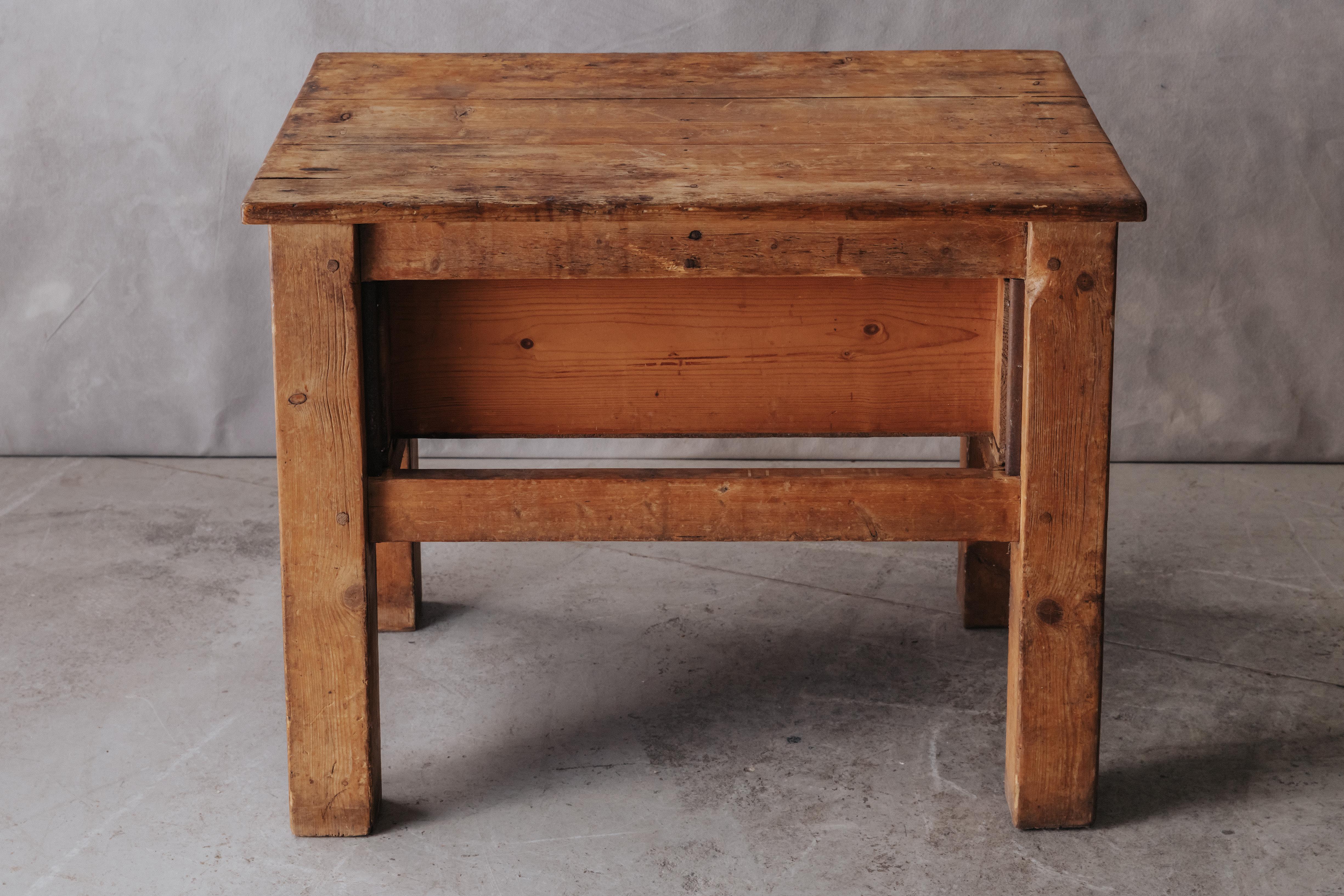Vintage Kitchen Table from France, Circa 1940.  Solid pine construction with great patina and use.  Original hardware.