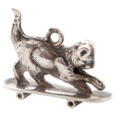 Vintage Kitten Cat Skateboarding Silver Charm Pendant