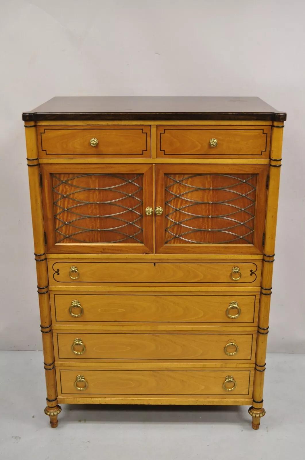 Vintage Kittenger Regency Neoclassical Satinwood & Rosewood Tall Chest Dresser For Sale 7