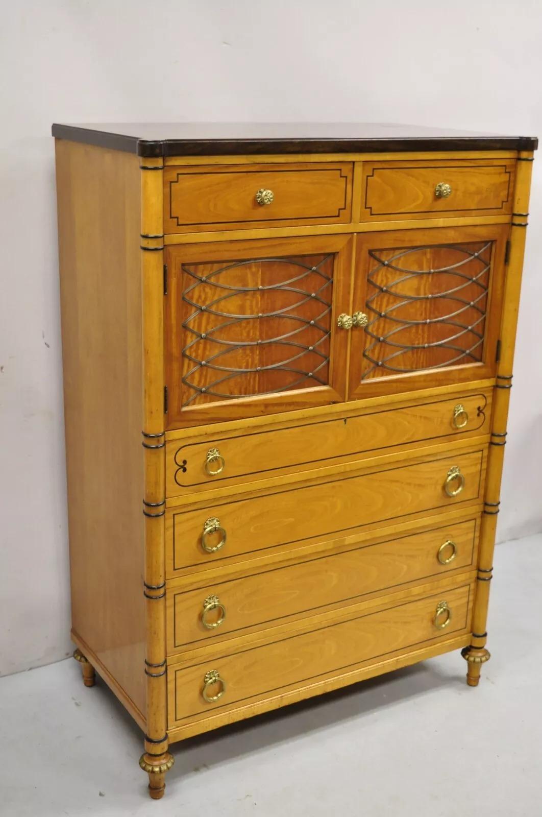 Vintage Kittenger Regency Neoclassical Satinwood & Rosewood Tall Chest Dresser. Circa Mid 20th Century. Measurements: 56.25