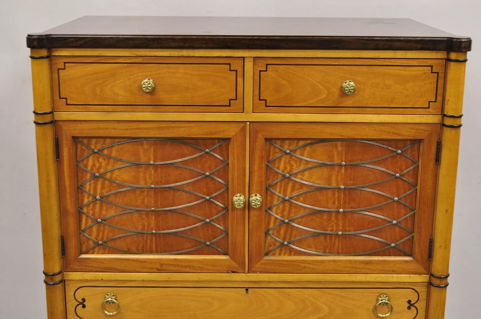 Vintage Kittenger Regency Neoclassical Satinwood & Rosewood Tall Chest Dresser In Good Condition For Sale In Philadelphia, PA