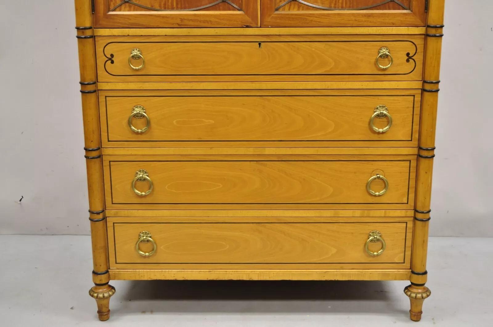 20th Century Vintage Kittenger Regency Neoclassical Satinwood & Rosewood Tall Chest Dresser For Sale