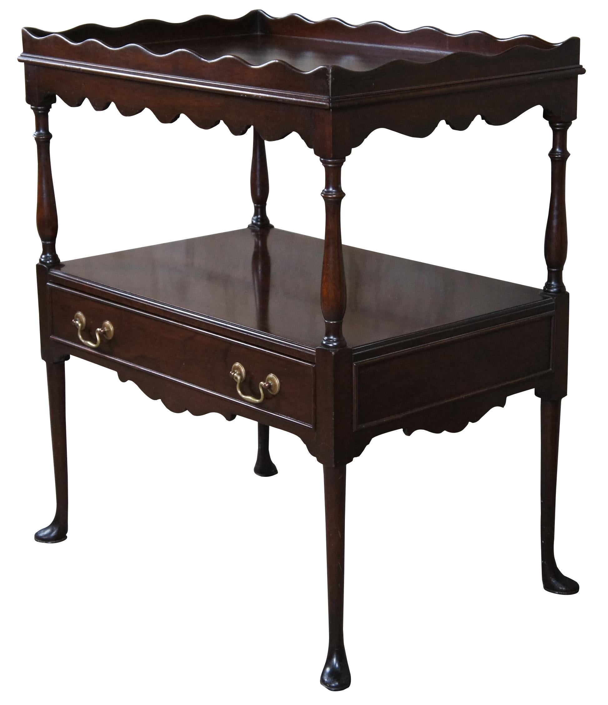 Vintage Kittinger Georgian two tier table. Made of mahogany featuring a serpentine gallery and skirt with one drawer and slipper feet.

The Kittinger Company was founded in Buffalo, New York, in 1866 as 