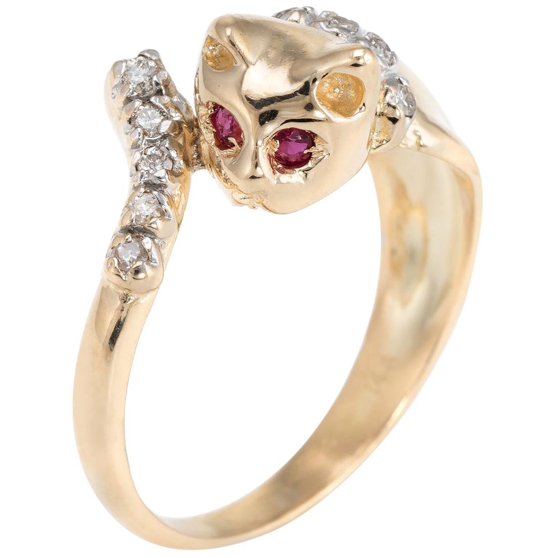 Vintage Kitty Cat Ring 14 Karat Yellow Gold Diamond Ruby Eyes Animal Jewelry