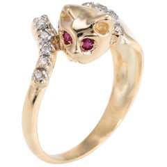 Vintage Kitty Cat Ring 14 Karat Yellow Gold Diamond Ruby Eyes Animal Jewelry