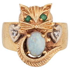 Vintage Kitty Cat Ring Opal Diamond Emerald Eyes 14k Yellow Gold Band Animal