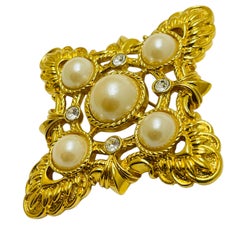 Vintage KJL AVON signed gold pearls rhinestones maltese cross designer brooch