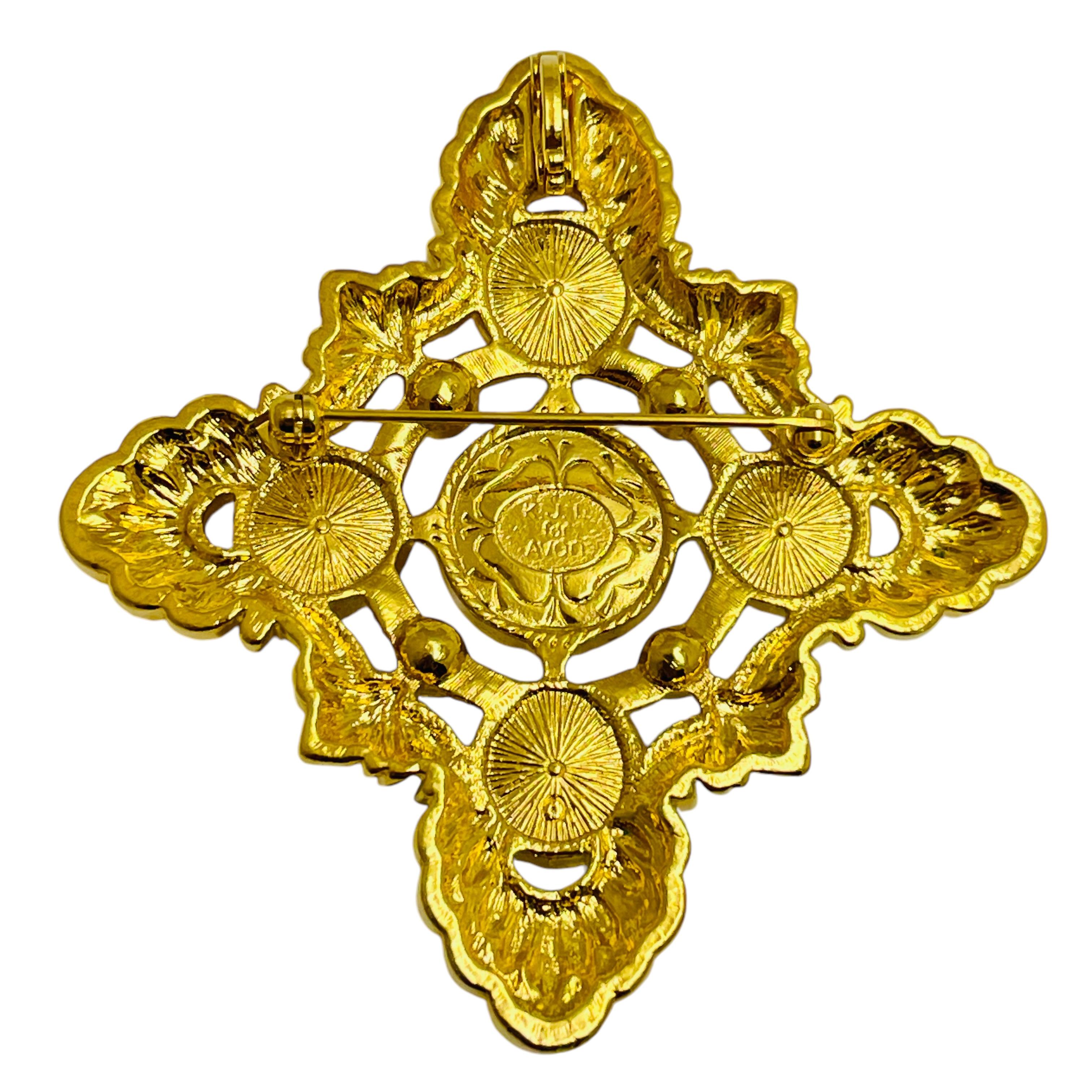 Vintage KJL AVON signed gold pearls rhinestones maltese cross designer brooch In Good Condition In Palos Hills, IL