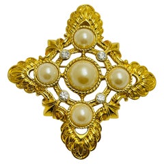 Vintage KJL AVON signed gold pearls rhinestones maltese cross designer brooch
