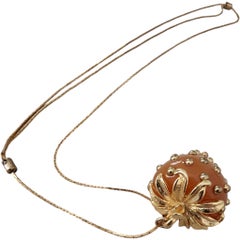 Vintage KJL Butterscotch Enamel Strawberry Pendant Necklace Gold Tone Chain