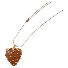 Vintage KJL Butterscotch Enamel Strawberry Pendant Necklace Gold Tone Chain