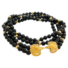 Vintage KJL for AVON gold black lucite rams head beaded designer runway necklace