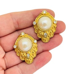 Vintage KJL for AVON gold pearl rhinestone designer runway pierced earrings