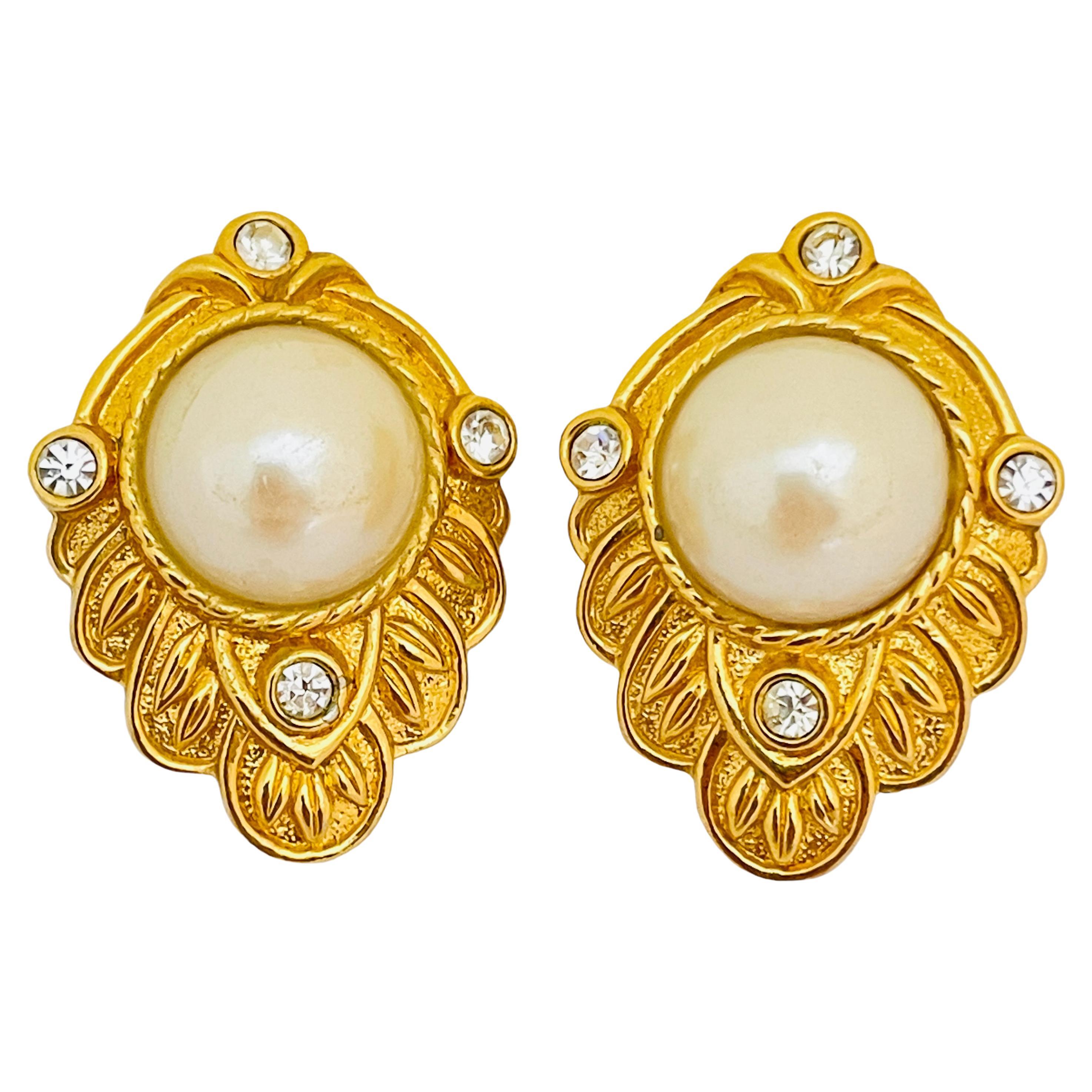 Vintage KJL for AVON gold pearl rhinestone designer runway pierced earrings For Sale