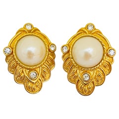 Vintage KJL for AVON gold pearl rhinestone designer runway pierced earrings