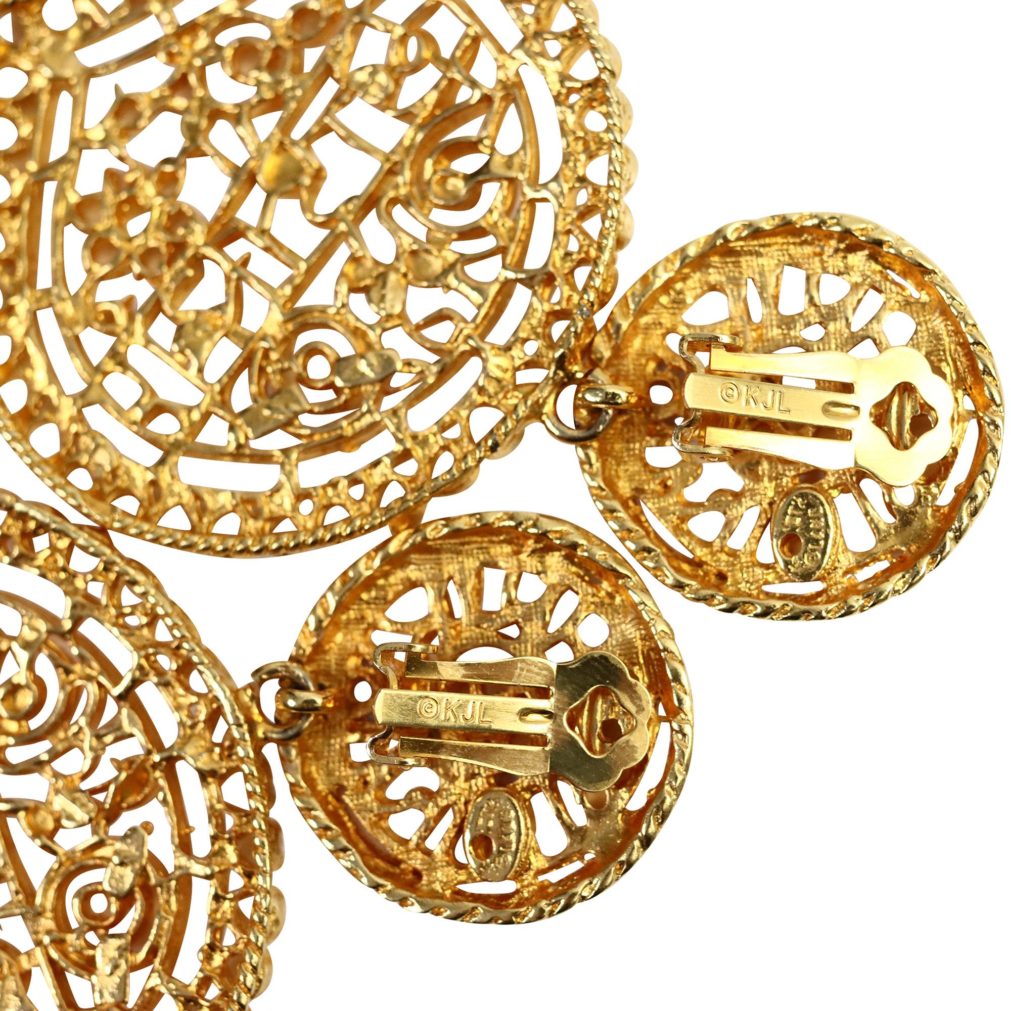 Pendientes colgantes vintage KJL en tono dorado Circa años 90 en venta 3