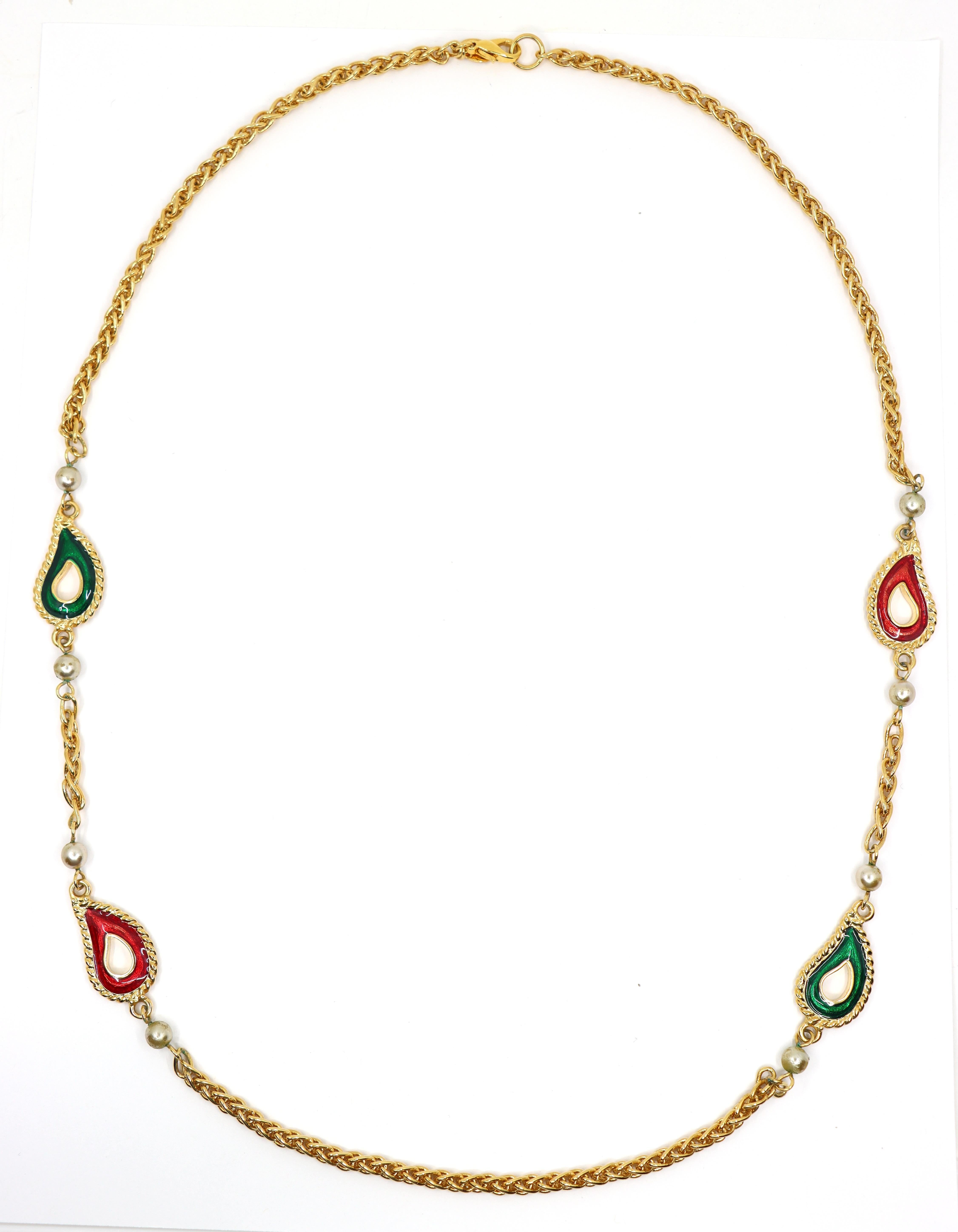 Women's or Men's Vintage KJL  Gold Tone Enamel Faux Pearl Chain Necklace For Sale