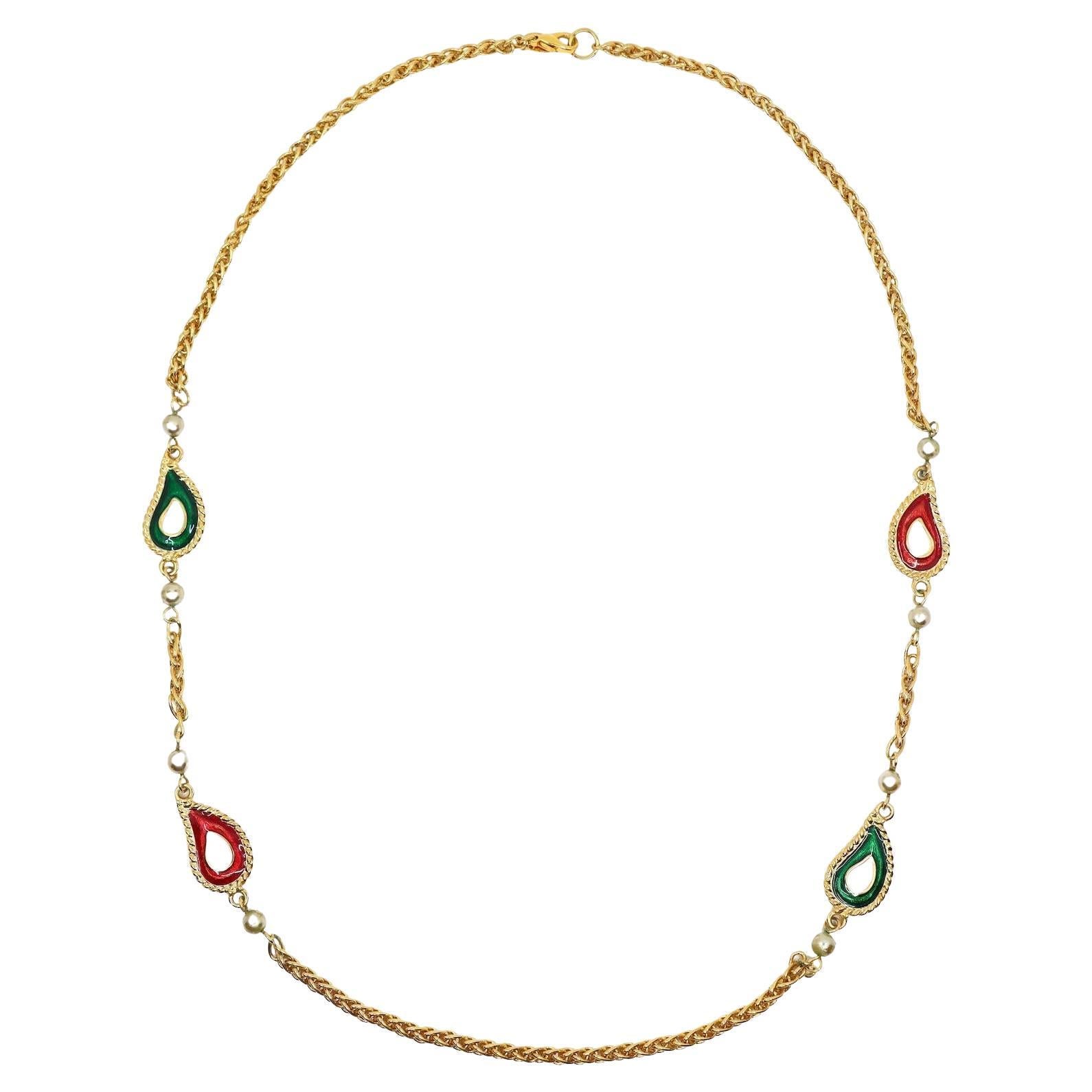 Vintage KJL  Gold Tone Enamel Faux Pearl Chain Necklace For Sale