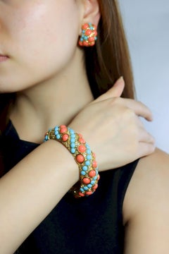 Vintage KJL Gold Tone Faux Turquoise Rhinestone Earrings & Bracelet Set