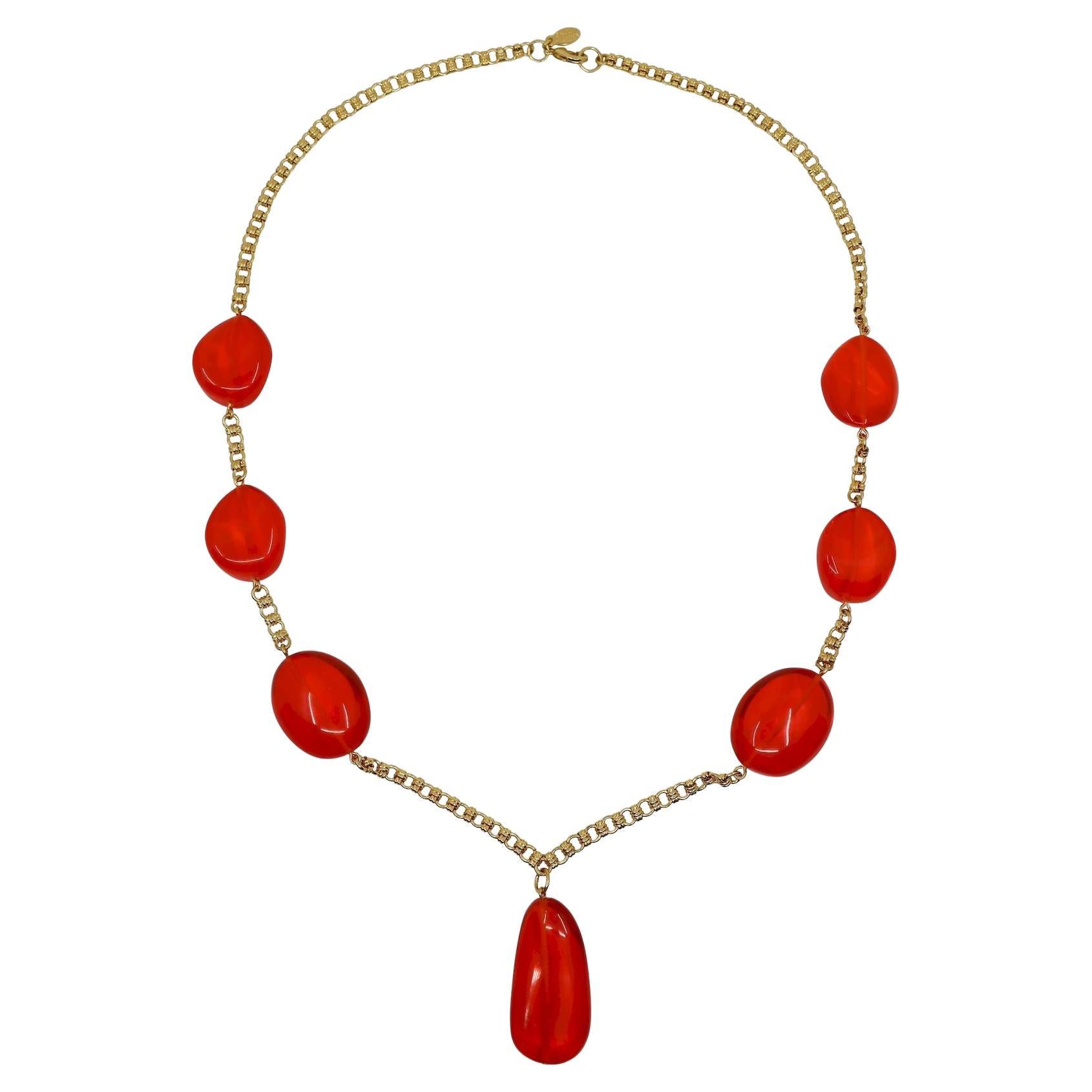 Vintage KJL Gold Tone Red Resin Chain Necklace