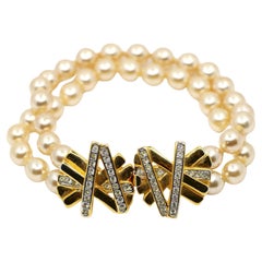 Vintage KJL Gold Tone Rhinestone Faux Pearl Bracelet