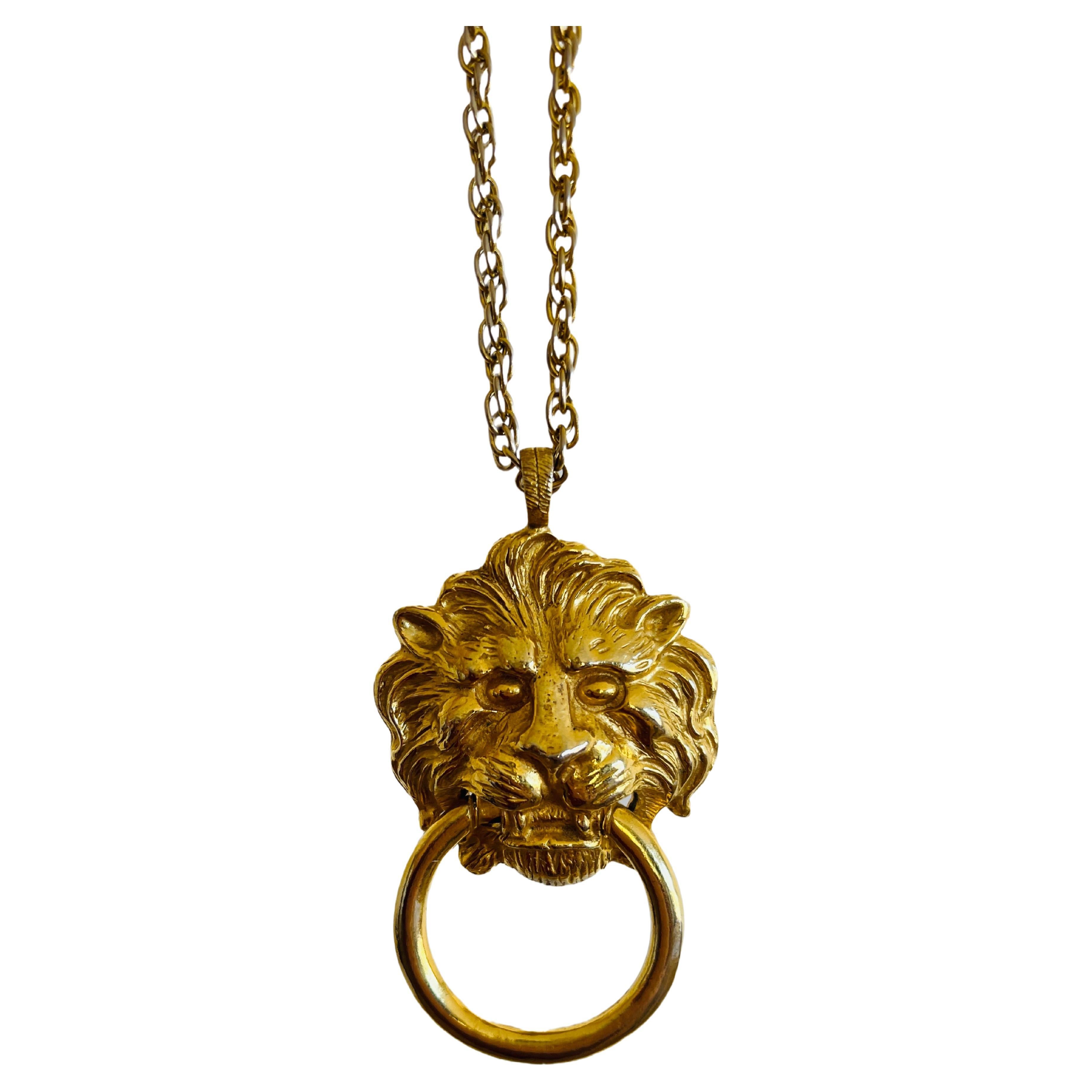 Vintage KJL Kenneth J Lane Lion Head Door Knocker Gold Chain Statement Necklace For Sale