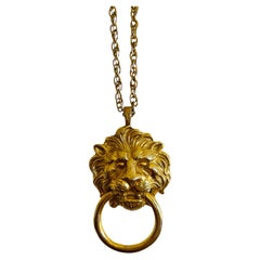 Retro KJL Kenneth J Lane Lion Head Door Knocker Gold Chain Statement Necklace