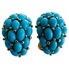Vintage KJL Kenneth Jay Lane Faux Turquoise Cabochon Gold Clip Hoop Earrings