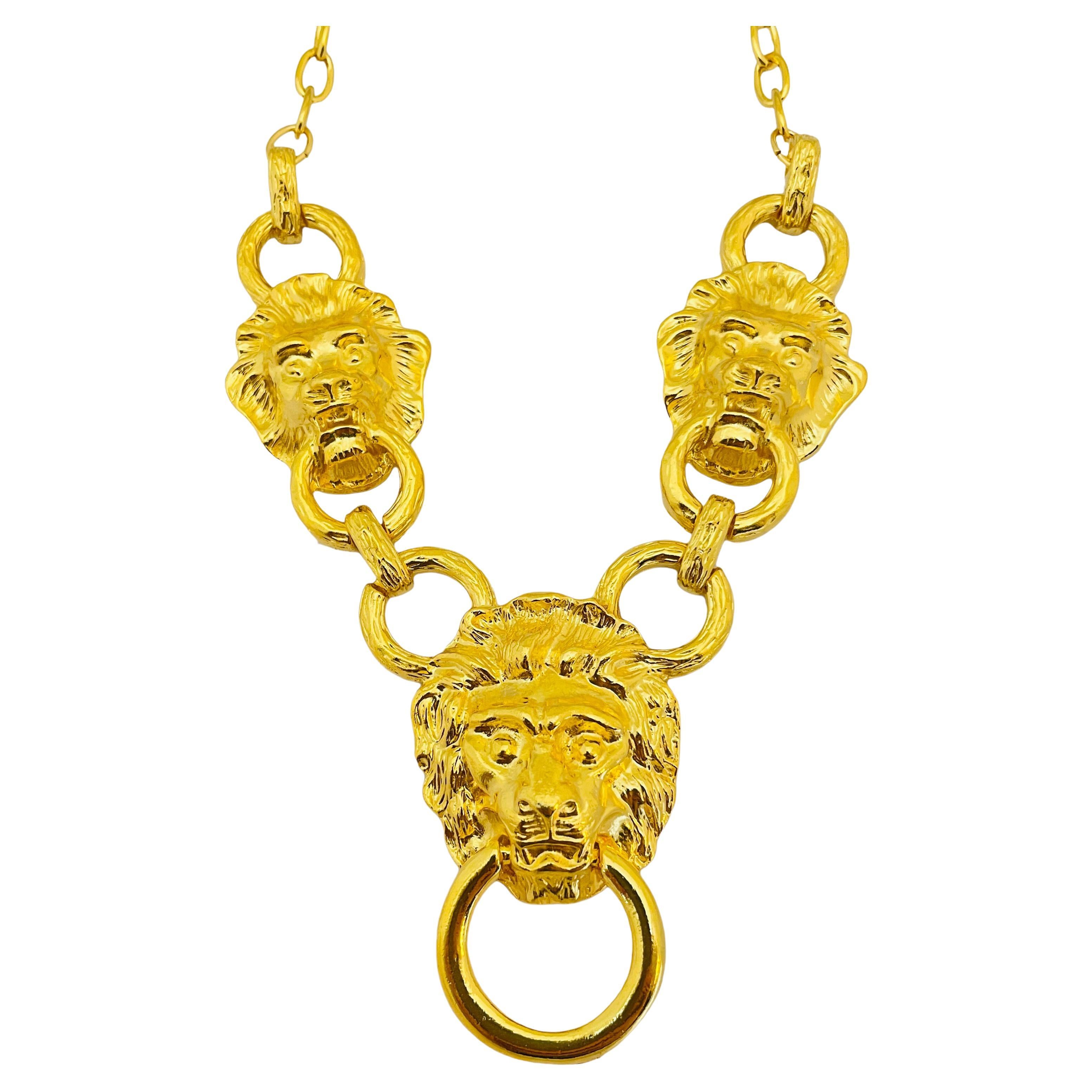 Vintage KJL KENNETH JAY LANE gold lions head designer runway necklace For Sale