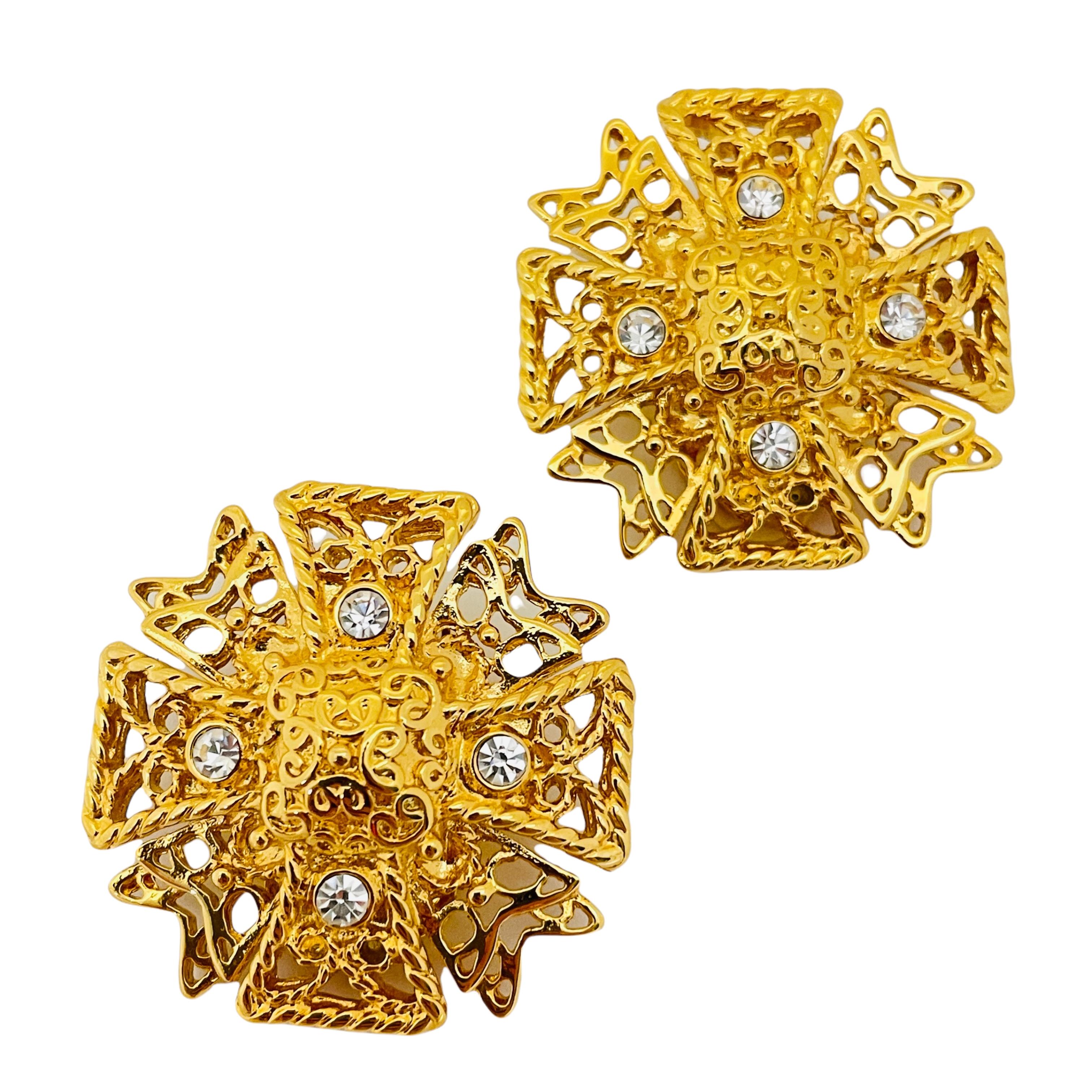 Vintage KJL KENNETH JAY LANE Maltese cross gold rhinestone earrings brooch set 1