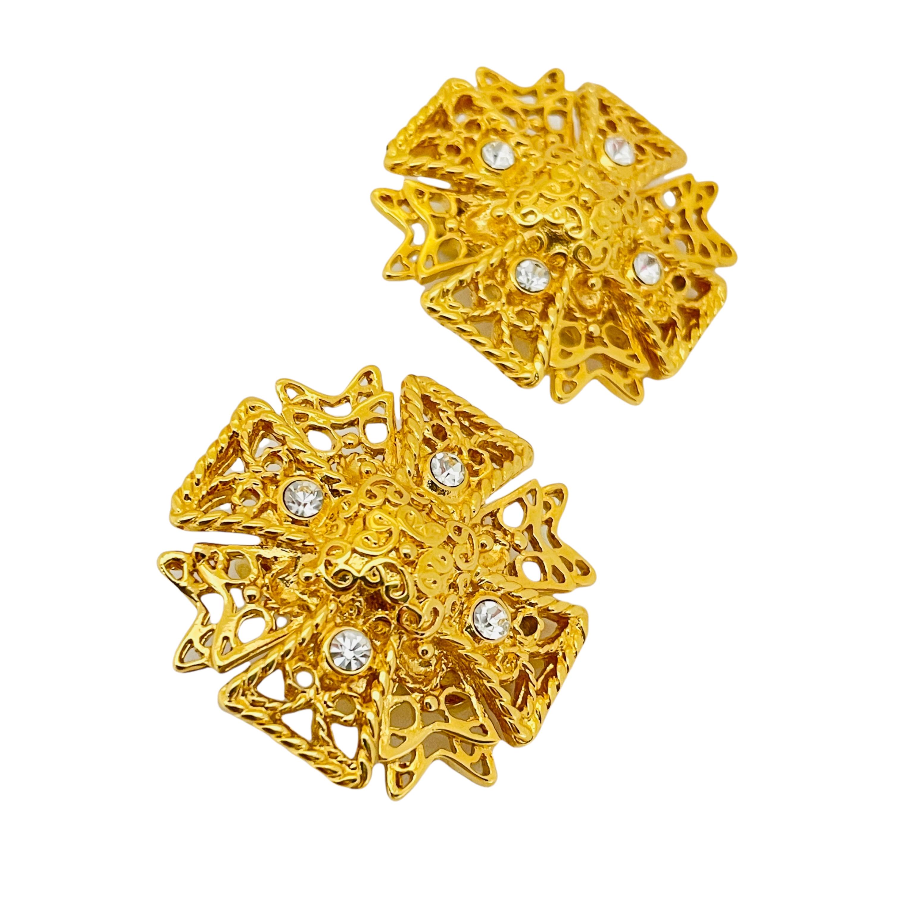 Vintage KJL KENNETH JAY LANE Maltese cross gold rhinestone earrings brooch set 2