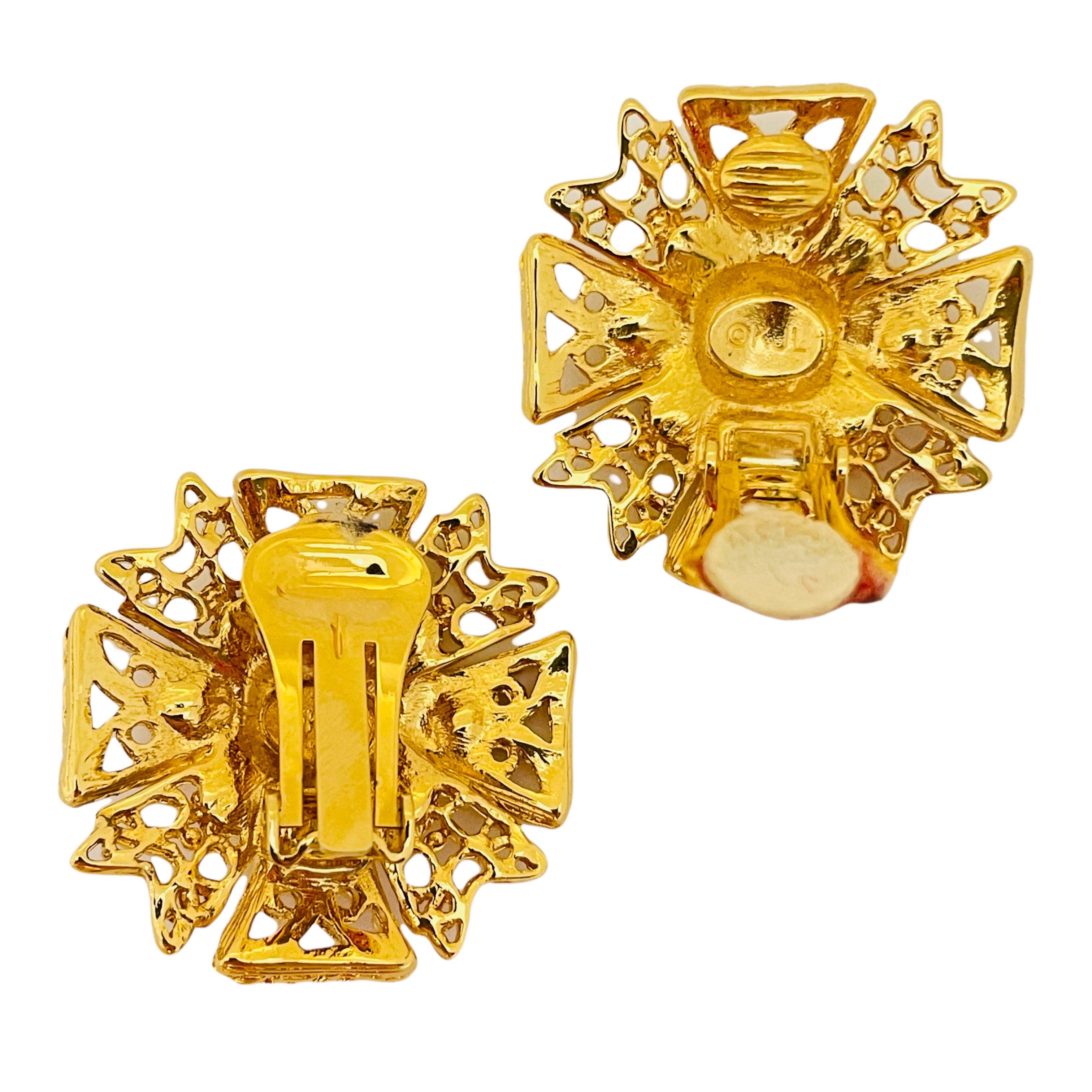 Vintage KJL KENNETH JAY LANE Maltese cross gold rhinestone earrings brooch set 3