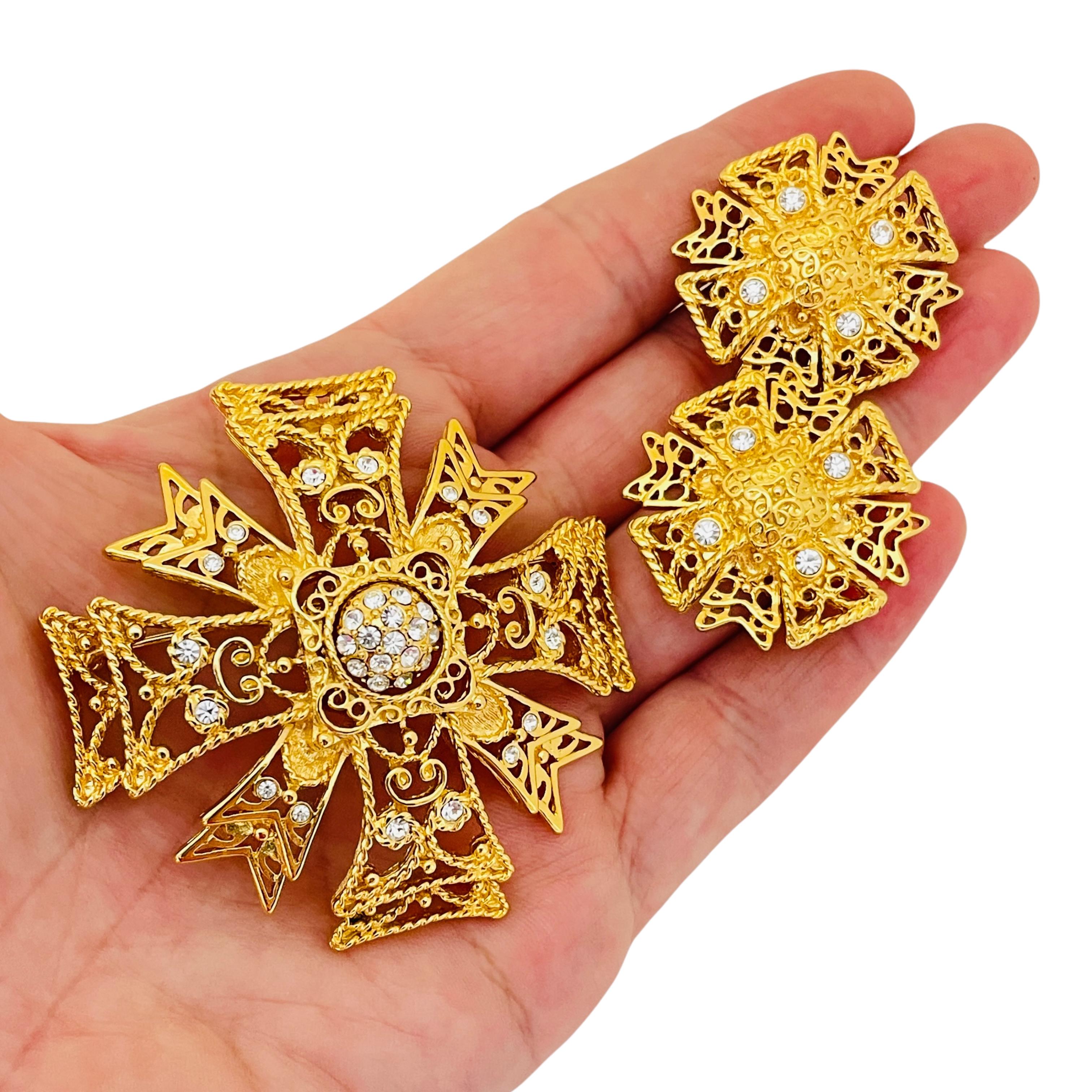 Vintage KJL KENNETH JAY LANE Maltese cross gold rhinestone earrings brooch set 4