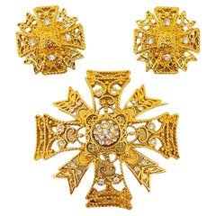 Vintage KJL KENNETH JAY LANE Maltese cross gold rhinestone earrings brooch set