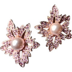 Vintage KJL Kenneth Jay Lane Rosa Kristall Blatt Clip-On Ohrringe mit Kunstperlen