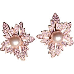Vintage KJL Kenneth Jay Lane Pink Crystal Leaf Clip-On Earrings with Faux Pearls