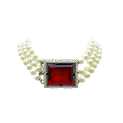 Vintage Statement KJL Kenneth Jay Lane Ruby Crystal Clasp & Pearl Torsade 1990s