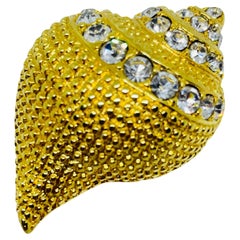 Vintage KJL Kenneth Jay Lane signed gold rhinestone seashell designer brooch