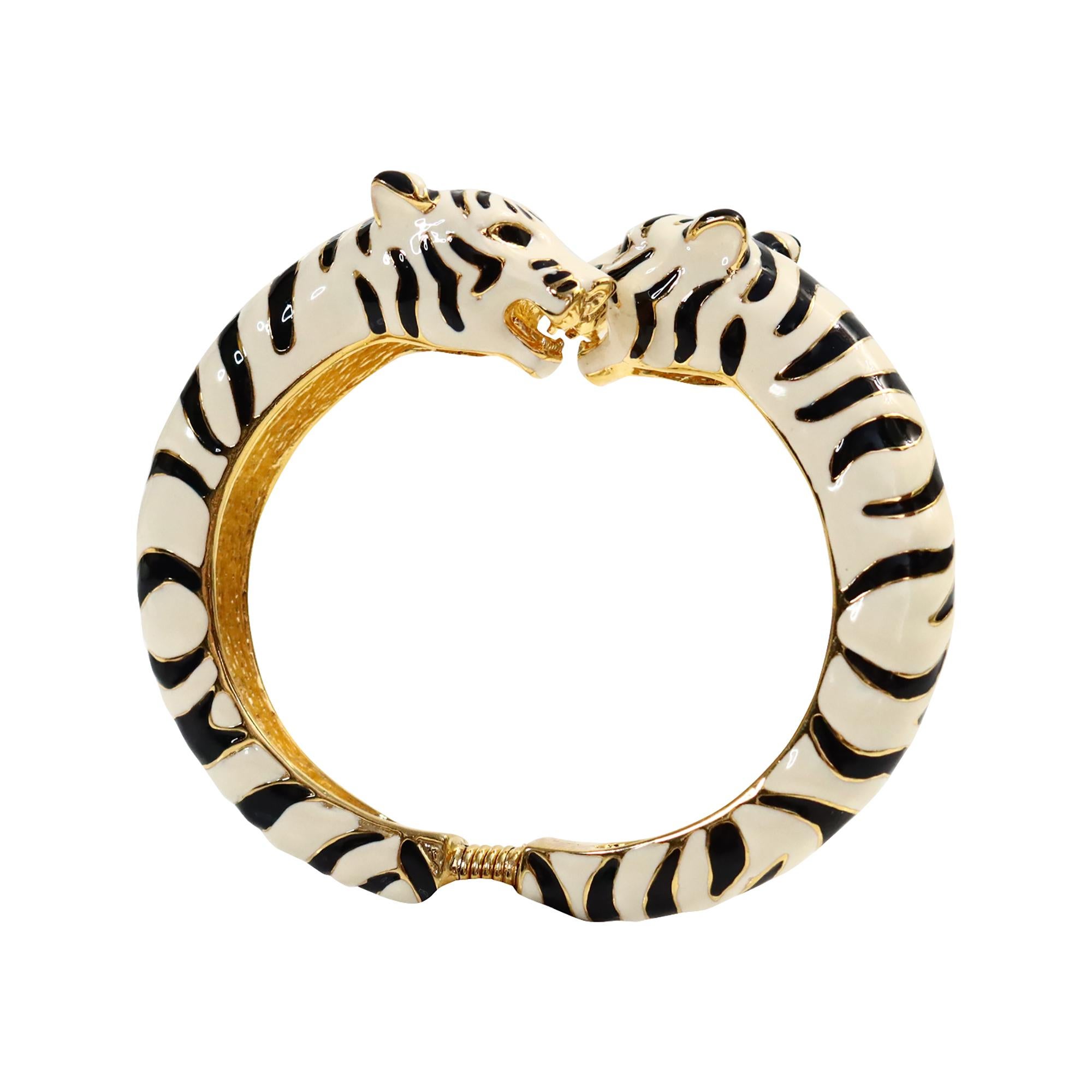 Vintage KJL Leopard Schwarz-Weiß-Emaille-Doppelkopf-Verschluss mit Leopardenmuster, ca. 1980er Jahre im Angebot 2