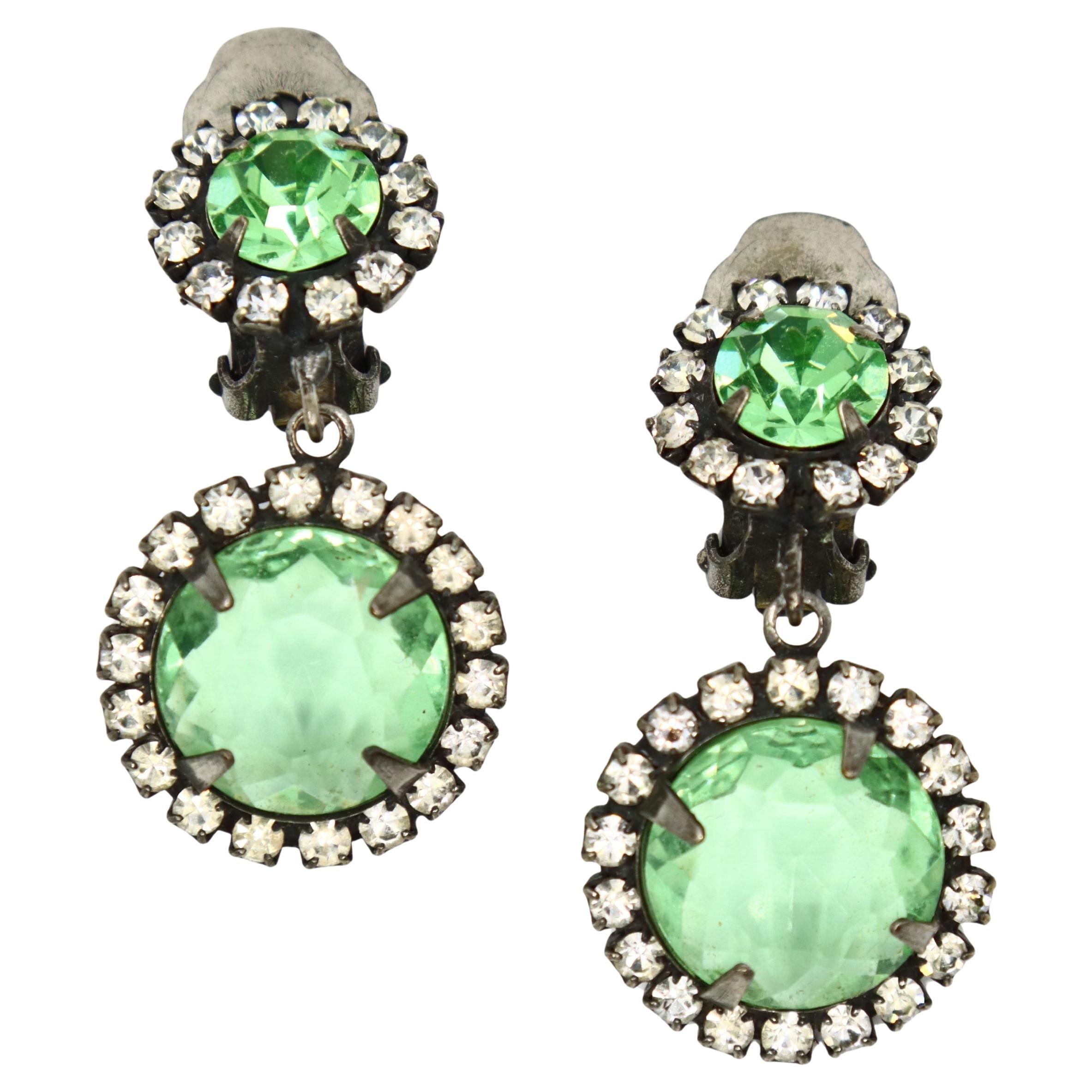 Vintage K.J.L Silver Tone Rhinestone Green Crystal Earrings