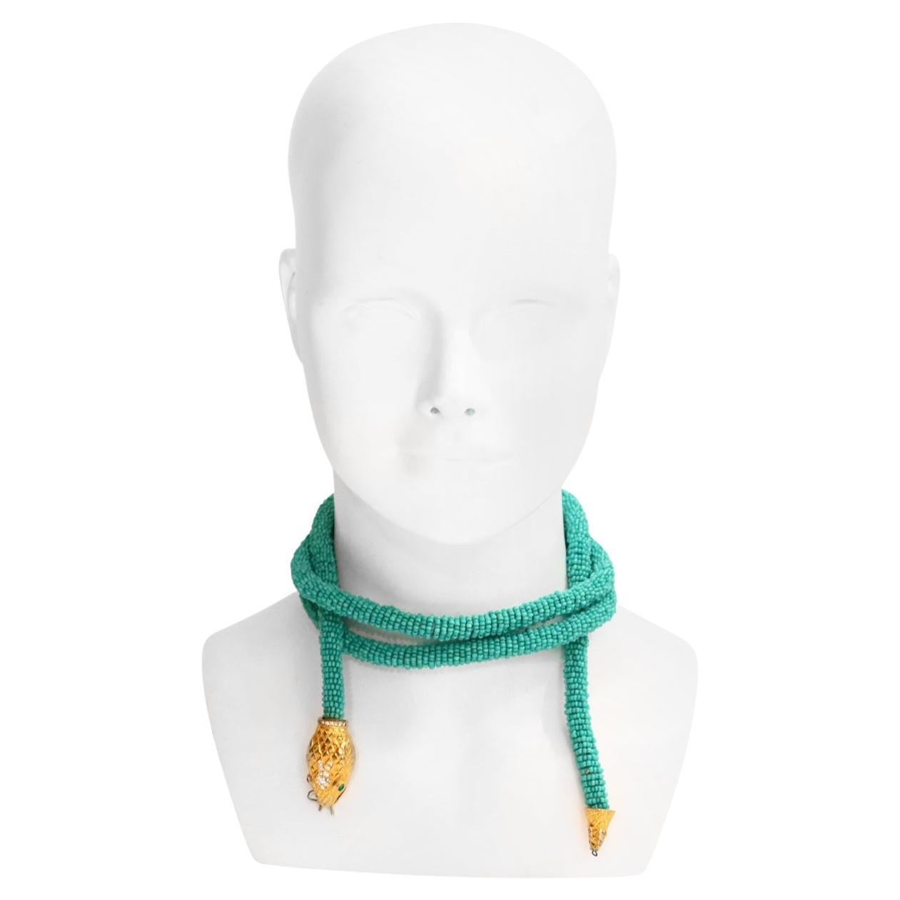 Vintage KJL Turquoise Color Beaded Snake Wrap Necklace Circa 1960s. The snake head and tail have diamante and green glass eyes.  The necklace lariat can be tied in many ways dependent on you.  This piece is not signed but I had its sister several